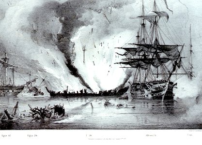Albion, with Turkish vessel exploding at the Battle of Navarino, 20 Oct 1827 PW4814