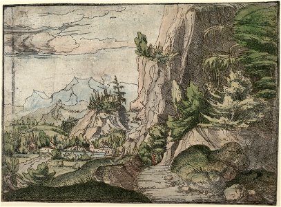Albrecht Altdorfer - Landscape with a Shaded Cliff (hand-coloured) Albertina DG1926-1781. Free illustration for personal and commercial use.