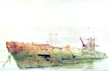 A surrendered and beached German submarine, probably at Portsmouth RMG PW2211