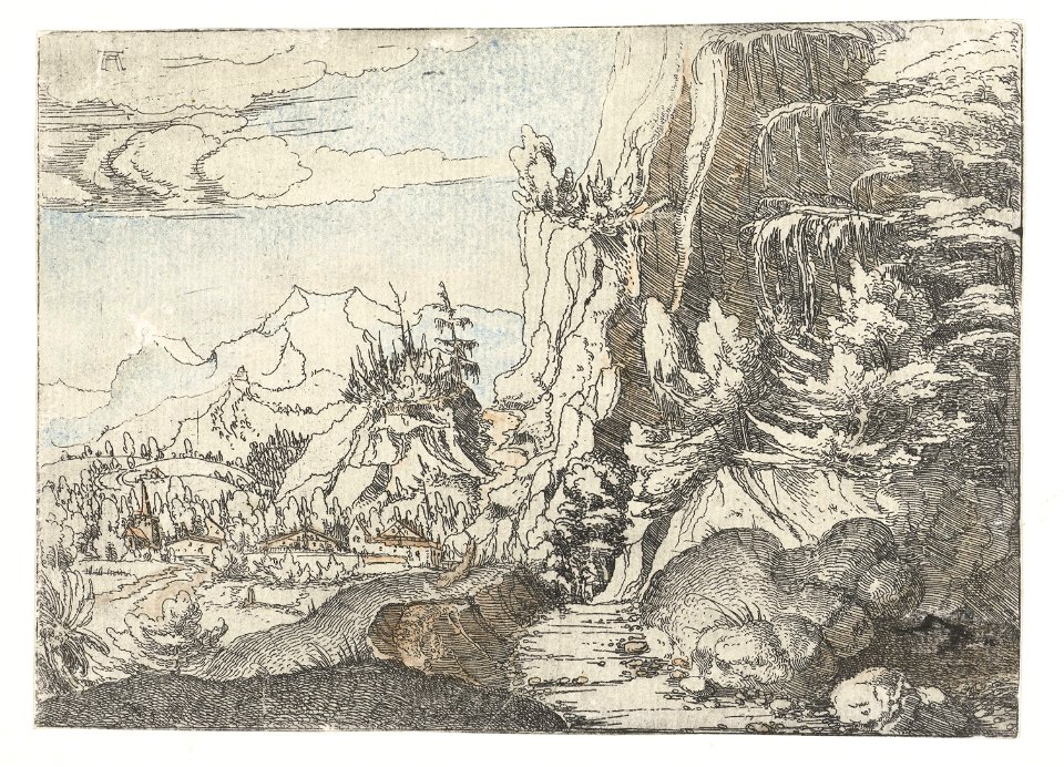 Albrecht Altdorfer - Landscape with a Shaded Cliff (hand-coloured) Rijksmuseum RP-P-OB-2979