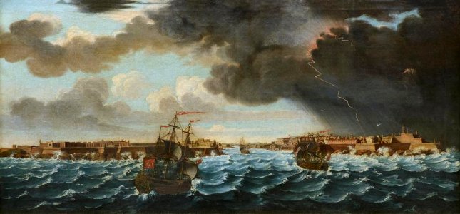 Alberto Pullicino - View of a north-easterly gale beating against the Grand Harbour entrance - U-341-2 - Auckland Art Gallery