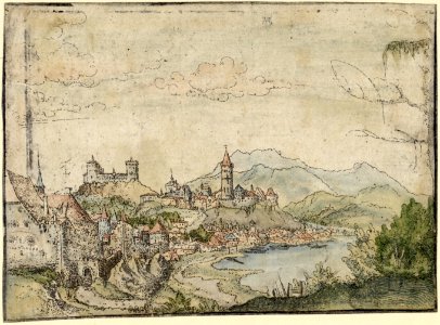 Albrecht Altdorfer - Landscape with a City by the Lake (hand-coloured) Albertina DG1926-1783. Free illustration for personal and commercial use.