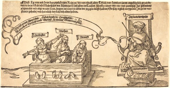 Albrecht Dürer - Justice, Truth and Reason in the Stocks with the Seated Judge and Sleeping Piety. Free illustration for personal and commercial use.