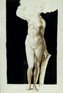 Albrecht Dürer - Proportion study of female nude with a shield - Google Art Project