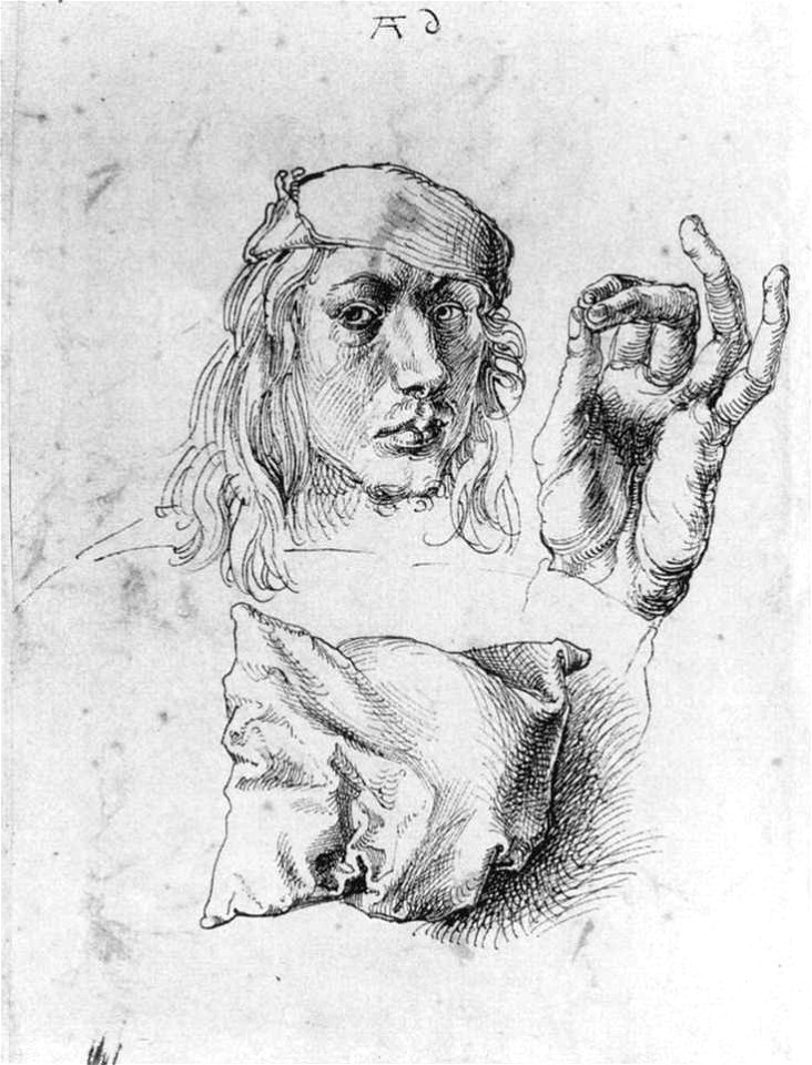 Albrecht Dürer - Studies of Self-Portrait, Hand and Pillow - WGA07034