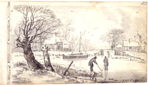 Album amicorum Jacob Heyblocq KB131H26 - p283 - Jan van de Cappelle - Drawing - Winter landscape with village
