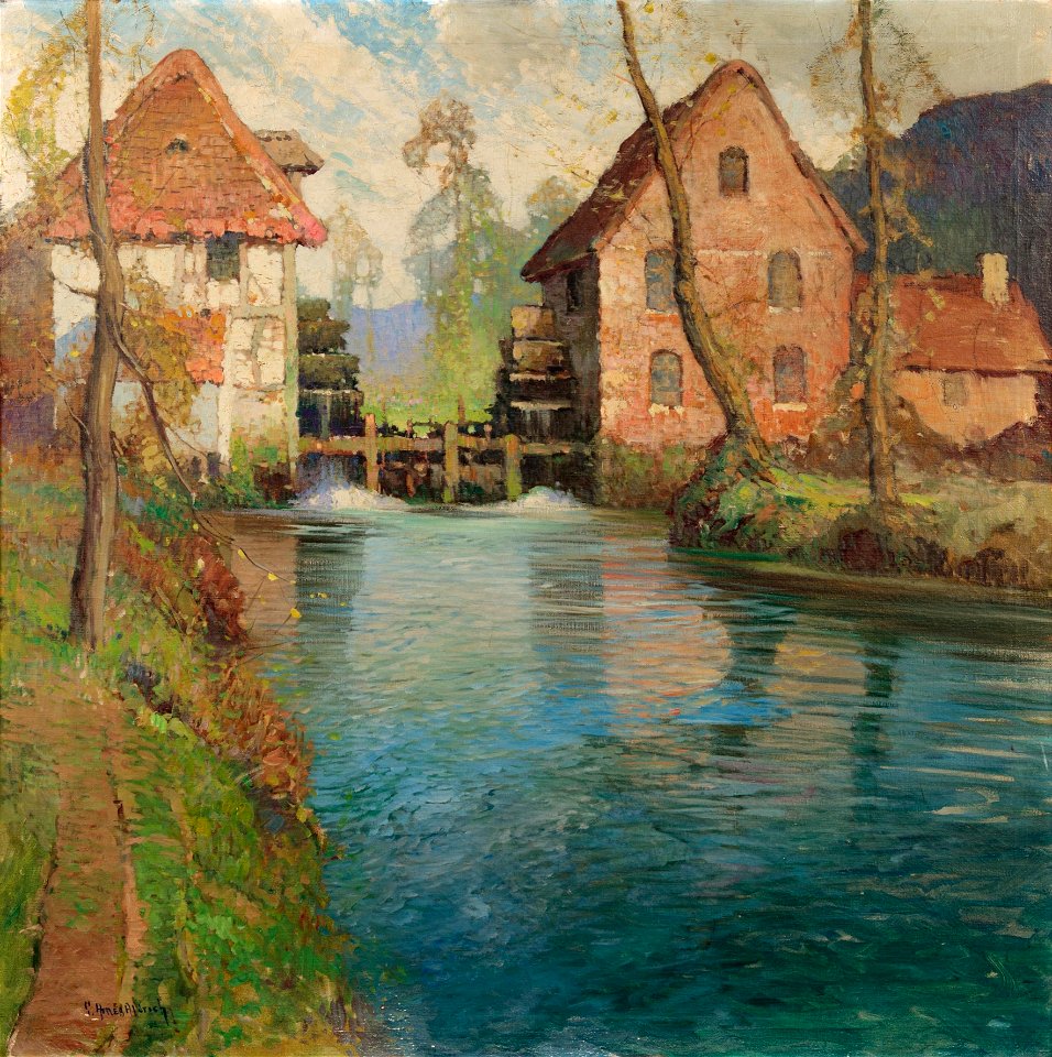 River Scene by George Ames Aldrich, oil on canvas, 36 x 36 inches