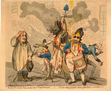 Alecto and her train, at the gate of PandaeMonium-or-The recruiting sarjeant enlisting John-Bull, into the Revolution Service. (BM 1868,0808.6081)