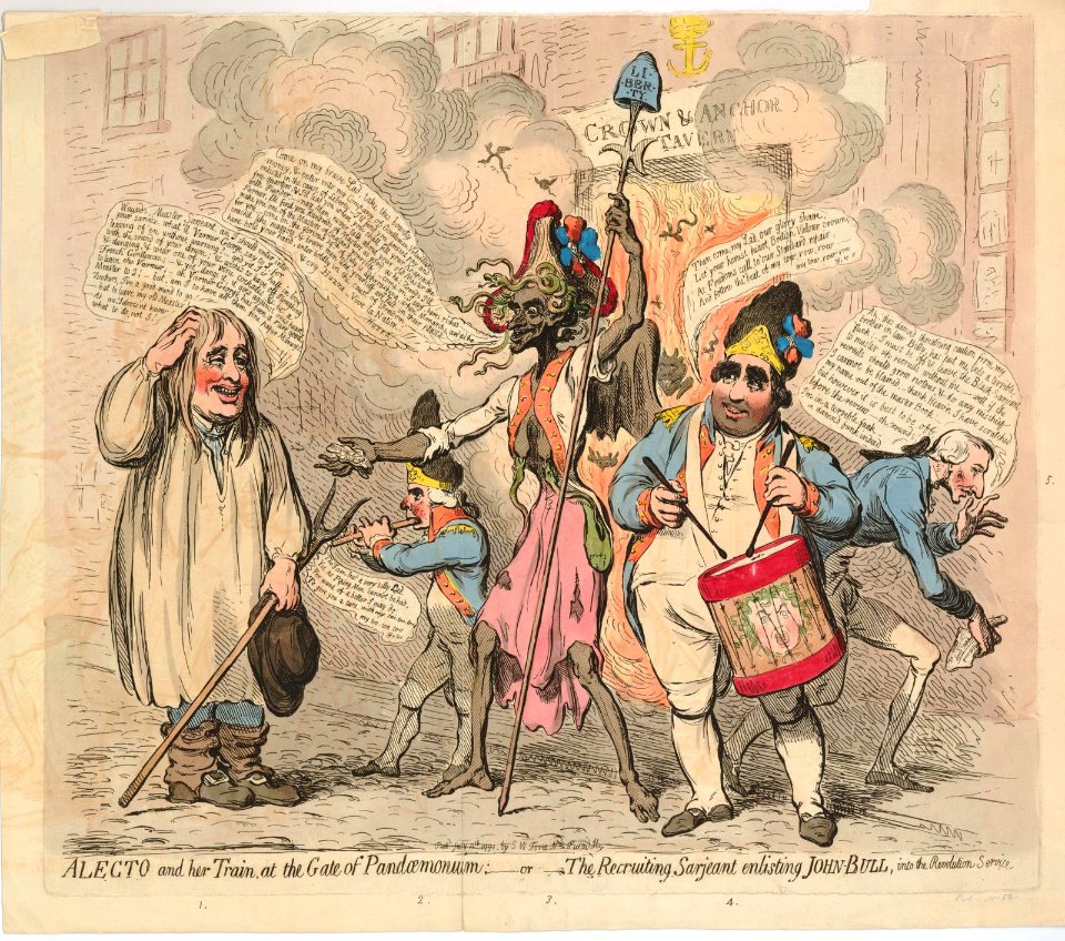 Alecto and her train, at the gate of PandaeMonium-or-The recruiting sarjeant enlisting John-Bull, into the Revolution Service. (BM J,3.22)