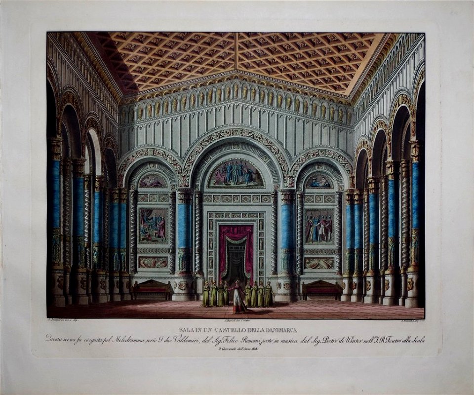 Alessandro Sanquirico - Sala in un castello della Danimarca (set design for opera 'I due Valdomiri' by Peter von Winter, 1817)