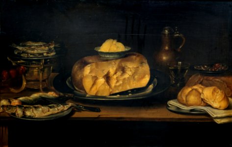 Alexander Adriaenssen - Still life of a table with crockery, cheese, sausage and fish. Free illustration for personal and commercial use.