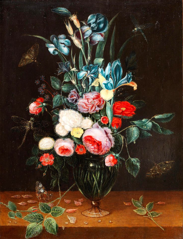 Alexander Adriaenssen - Irises, roses and other flowers in a glass vase on a wooden table with butterflies and dragonflies
