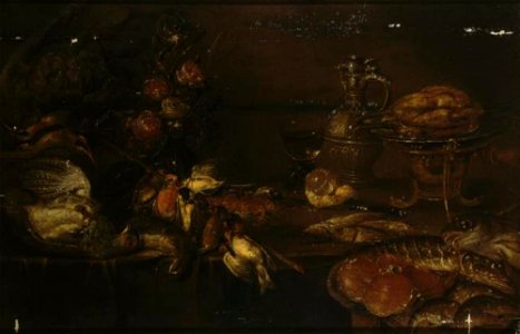 Alexander Adriaenssen - Stilleven op een tafel met een mand met gevogelte, een stok met zangvogels, een vaas met bloemen, een roemer, een kruik en diverse vissen - ГЭ-6151 - Hermitage Museum