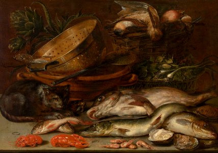 Alexander Adriaenssen - Fruits, dead birds and fish, touched by a cat. Free illustration for personal and commercial use.