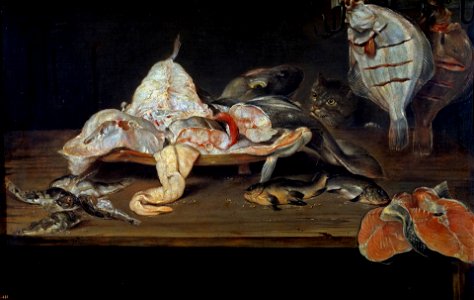 Alexander Adriaenssen - Still life with fish and a cat behind the table. Free illustration for personal and commercial use.