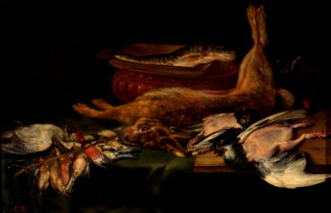 Alexander Adriaenssen - Still life with a hare, dead birds and fish. Free illustration for personal and commercial use.