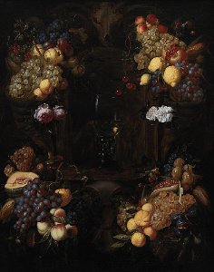 Alexander Coosemans - Cartouche with Garlands of Fruit and a Wine Glass. Free illustration for personal and commercial use.