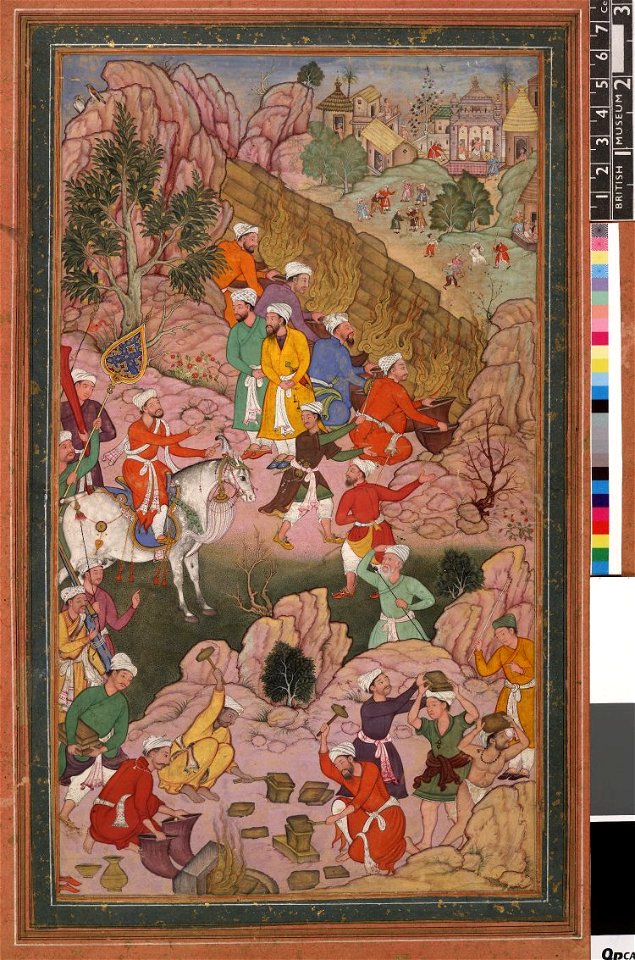 Alexander (Iskandar) building the brazen wall against the people of Gog and Magog. Painted on paper
