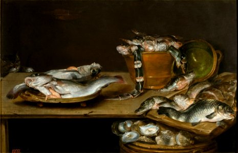 Alexander Adriaenssen - Still life of table with fish, oysters and a cat. Free illustration for personal and commercial use.