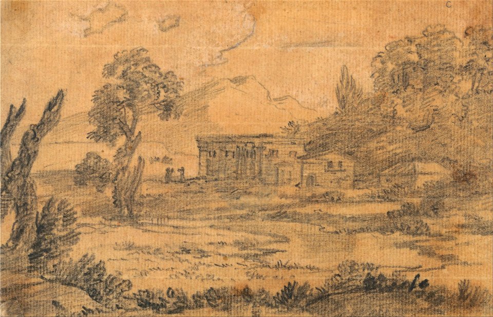 Alexander Cozens - Buildings by a River with Hills in Background - Google Art Project