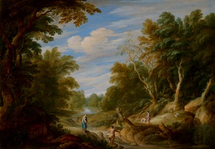 Alexander Keirincx, Cornelis van Poelenburch - Forest landscape with figures. Free illustration for personal and commercial use.