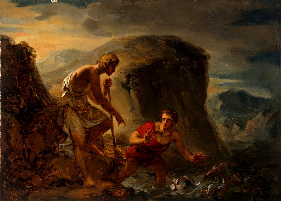 Alexander Lauréus - Tobiaan tarina, Tobias ja enkeli pyydystävät kalan - A-2005-78 - Finnish National Gallery