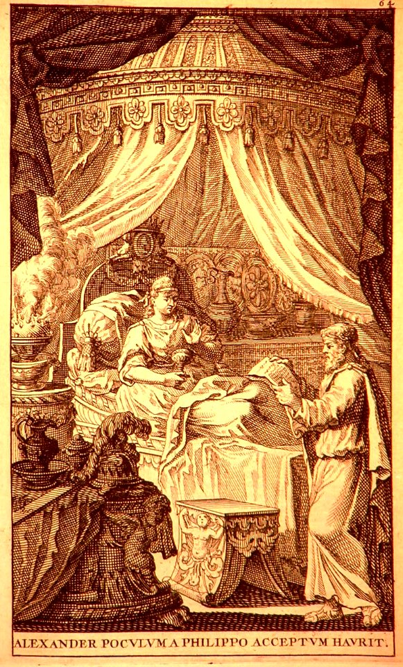 Alexander swallows the cup of medicine prepared by his doctor, Philip and hands him a message warning that his doctor would try to poison him (1696)
