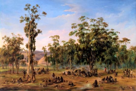 Alexander Schramm - An Aboriginal encampment, near the Adelaide foothills - Google Art Project. Free illustration for personal and commercial use.