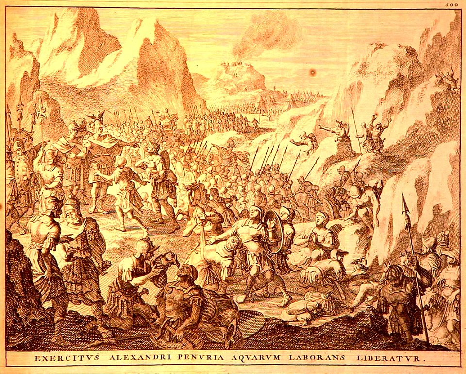 Alexander sends away scarce water proffered to him in a parched region of Sogdiana -Curtius 7.5.9, cf. Arrian 6.26.1- (1696)