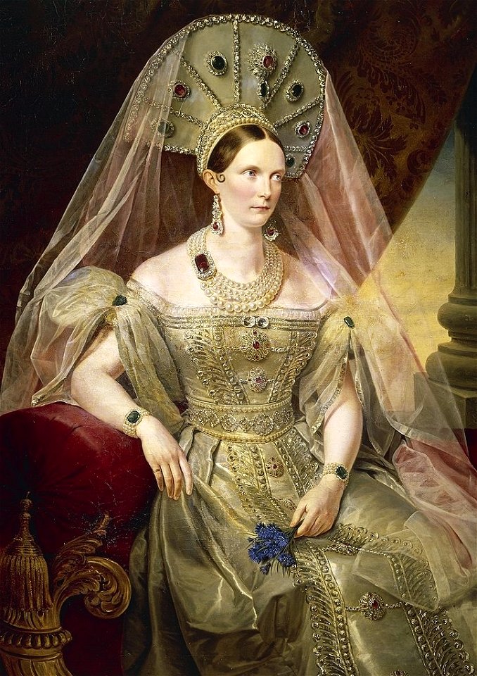 Alexandra Fedorovna in white Russian dress (1830s, Kruger, GIM) 2