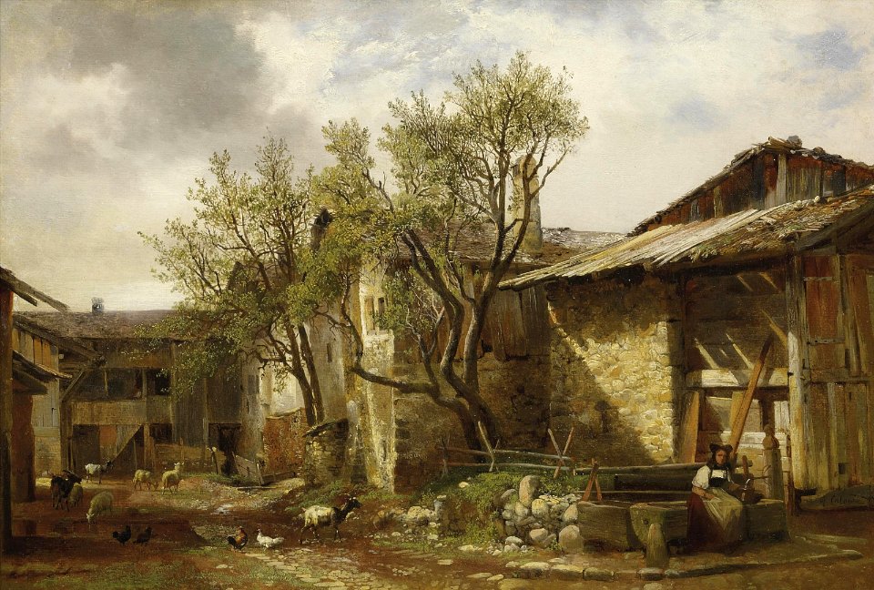 Alexandre Calame - Ferme avec paysanne et animaux