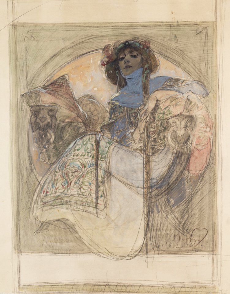 Alfons Mucha, Sedící žena – studie k plakátu (1897), černá křída, akvarel a temperová běloba, papír 496 x 437 mm, sbírka kresby Národní galerie v Praze