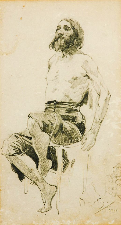 Alfons Mucha Studie eines sitzenden Mannes 1891