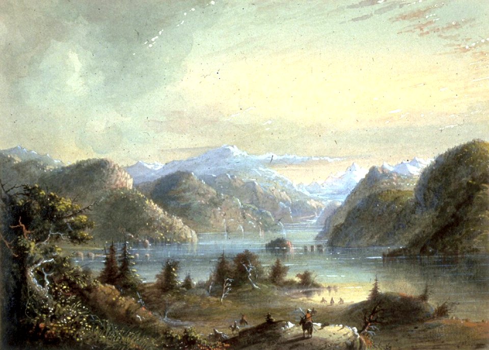 Alfred Jacob Miller - Lake Scene with River Mountain - Walters 37194081. Free illustration for personal and commercial use.