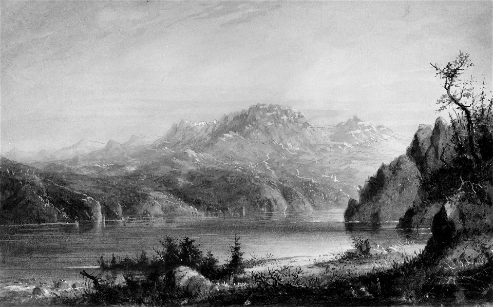 Alfred Jacob Miller - Lake and Mountain Scene - Walters 371940104. Free illustration for personal and commercial use.