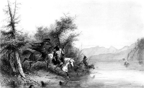 Alfred Jacob Miller - Snake Indians - Fording a River - Walters 371940144. Free illustration for personal and commercial use.