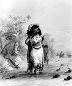 Alfred Jacob Miller - Indian Girl with Papoose Crossing Stream - Walters 37194014. Free illustration for personal and commercial use.