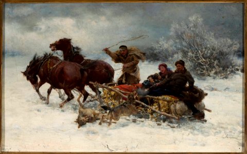 Alfred Kowalski Wierusz - Wolves attacking a sleigh - MP 2692 - National Museum in Warsaw. Free illustration for personal and commercial use.