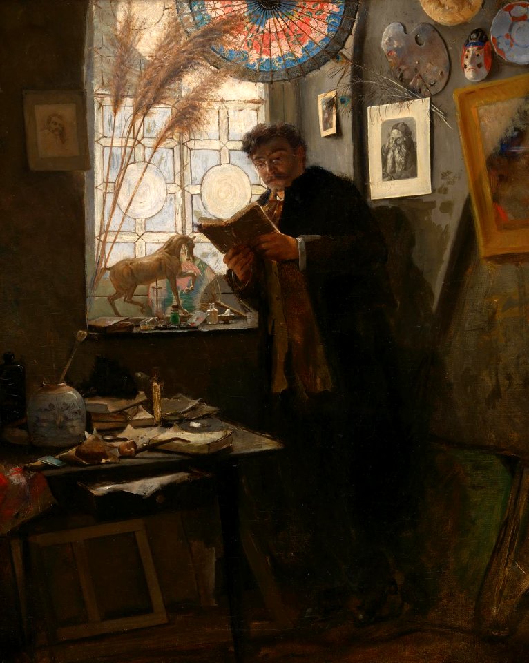 Alfred Stevens - Camille Lemonnier in het atelier van de kunstenaar - Camille Lemonnier dans l'atelier de l'artiste - Erfgoedfonds Koning Boudewijnstichting - Fonds du Patrimoine Fondation Roi Baudouin