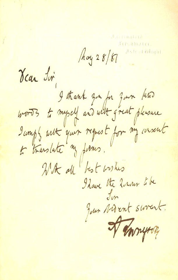 Alfred Tennyson Letter to a translator 1887-05-28