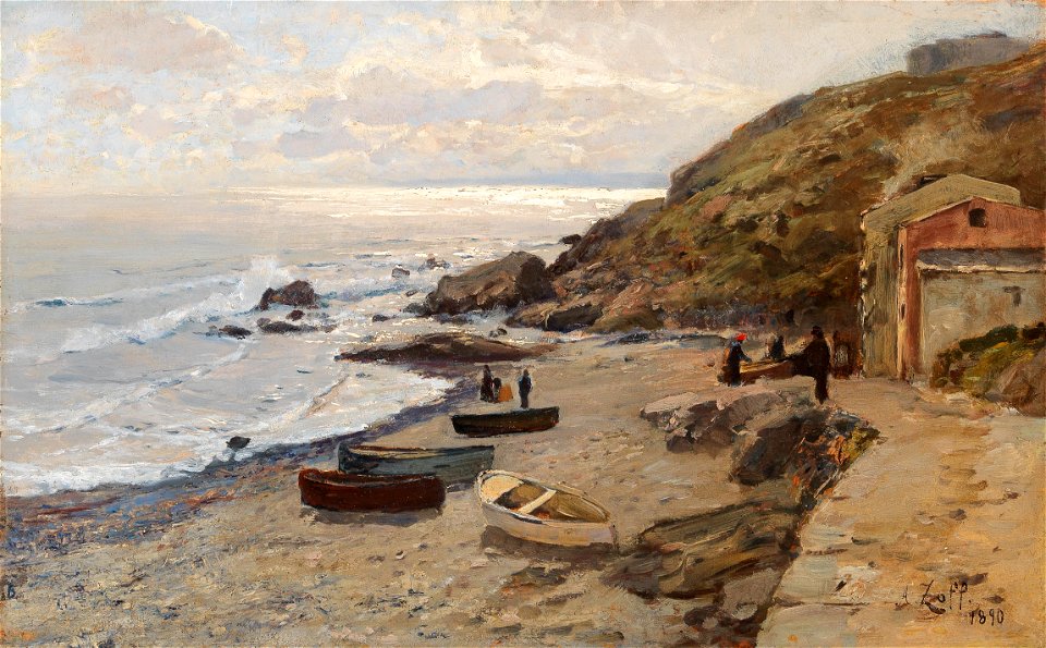 Alfred Zoff - Abendstimmung mit Fischern an der Küste