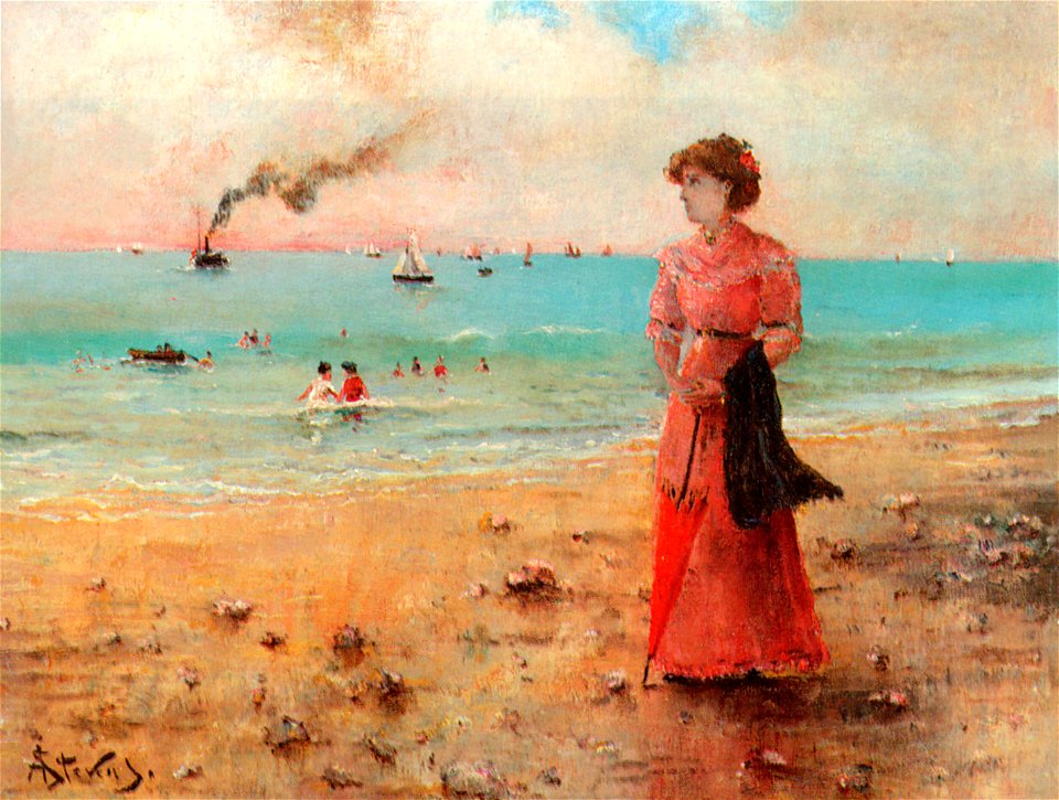 Stevens Alfred Jeune femme a l ombrelle rouge au bord de la mer c1885 Oil On Canvas