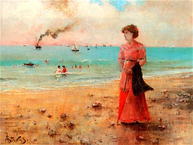 Stevens Alfred Jeune femme a l ombrelle rouge au bord de la mer c1885 Oil On Canvas. Free illustration for personal and commercial use.