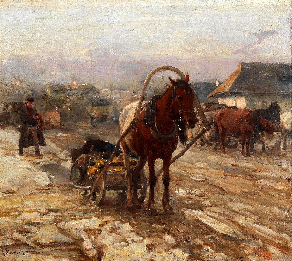 Alfred Wierusz-Kowalski - Horse and Cart on the Village Street. Free illustration for personal and commercial use.