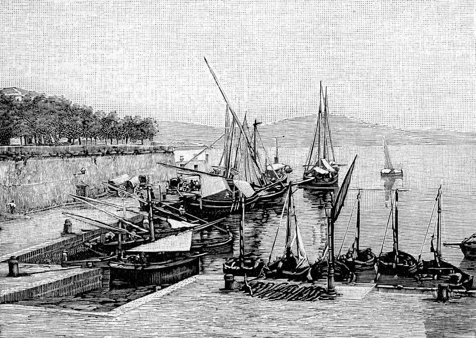 Alghero – Le calate sul porto (xilografia)
