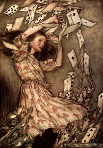 Alice in Wonderland by Arthur Rackham - 15 - At this the whole pack rose up into the air and came flying down upon her. Free illustration for personal and commercial use.