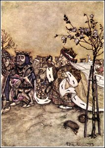 Alice in Wonderland by Arthur Rackham - 10 - Off with her head!. Free illustration for personal and commercial use.