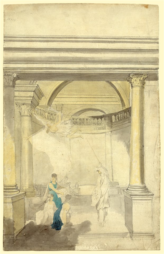 Allegorical scene of interior with columns, Minerva, Fame, and other figures; possibly a design for a certificate LCCN2004661618