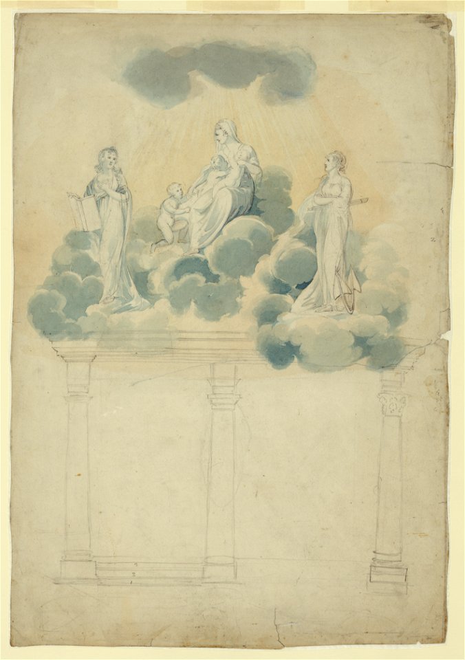 Allegorical scene of female figures in clouds atop columns LCCN2004662393