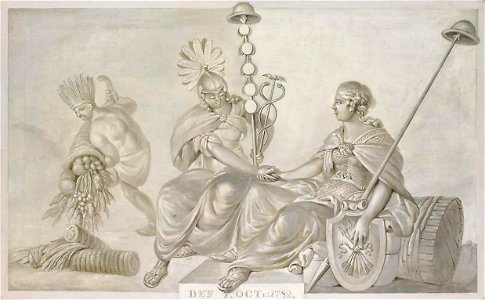 Allegorie op het 'Tractaat van Vriendschap en Commercie tusschen hun Hoog Mogenden de Staaten Generaal der Vereenigde Nederlanden en de Vereenigde Staaten van America', 1782
